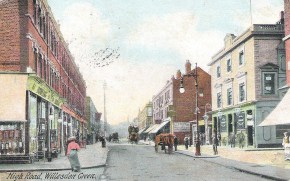Colourised postcard of High Road, Willesden Green, 1909