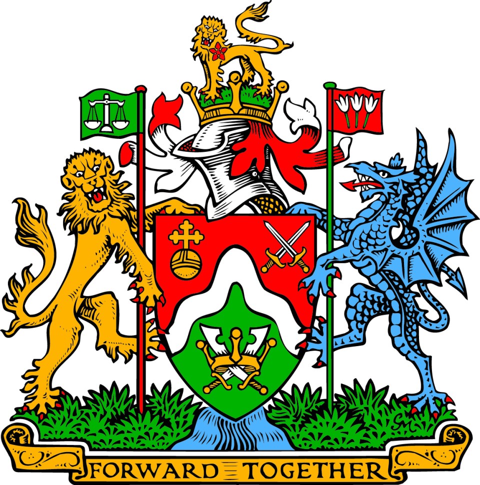 The shield and emblem of Brent Council. A lion and a dragon flank a shield. At the bottom the River Brent is depicted and beneath it says the Brent motto, "Forward Together"